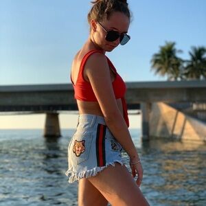 Denim Shorts W/ Tiger, Snake & Bee Patch